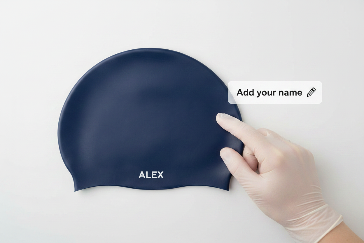 Swim cap with centred lower name