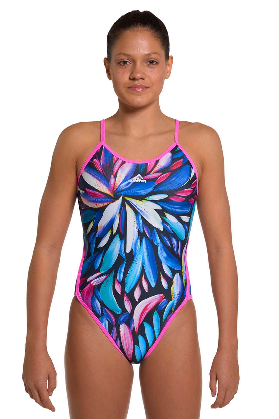 Swimzi Thin Strap Women's One-Piece swimsuit, Blue, Aqua, White and Pink Feathers