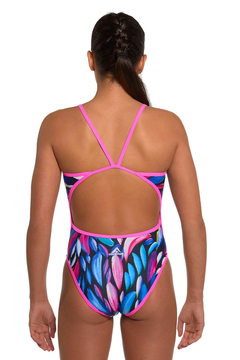 Swimzi Thin Strap Women's One-Piece swimsuit, Blue, Aqua, White and Pink Feathers