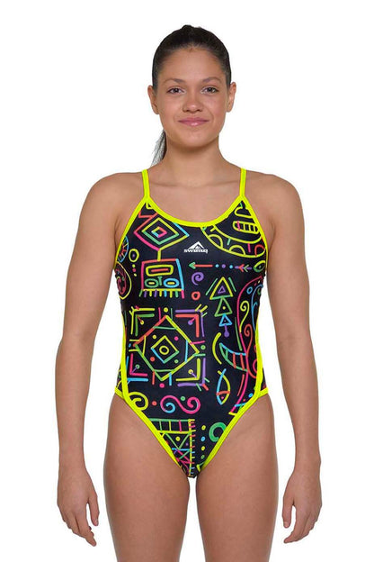 Girls' Thin Strap One-Piece swimsuit, Neon Aztec