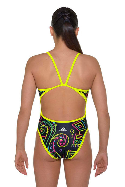 Girls' Thin Strap One-Piece swimsuit, Neon Aztec
