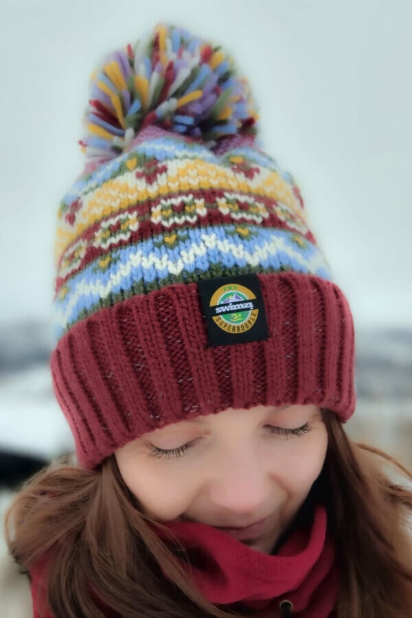 Claret & Blue Fairisle Super Bobble Hat - Image 4