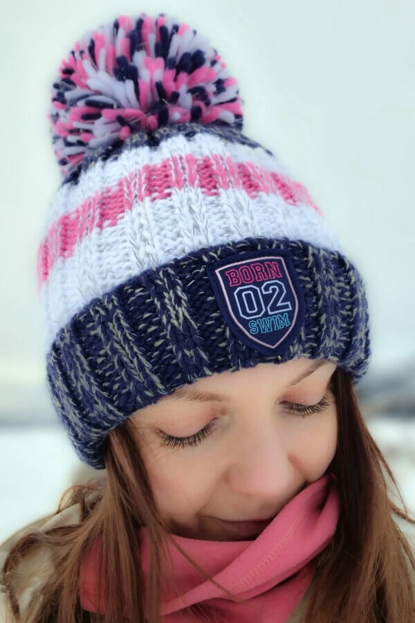 Navy Pink Rib Reflective Super Bobble Hat - Image 3